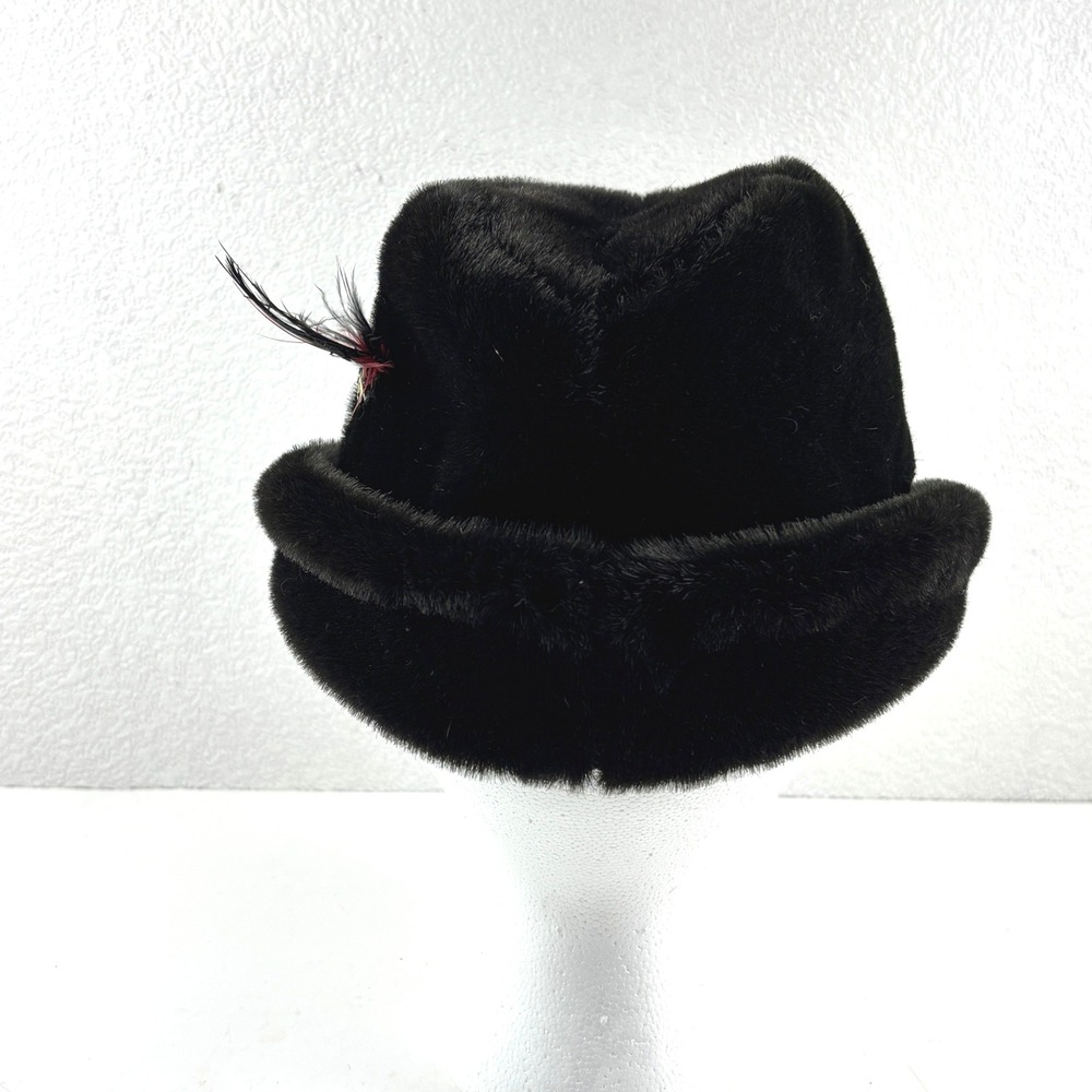 Vintage Faux Fur Fedora Hat Mens Large Black Excellent Ear Flaps Feather Pin - Picture 4 of 6